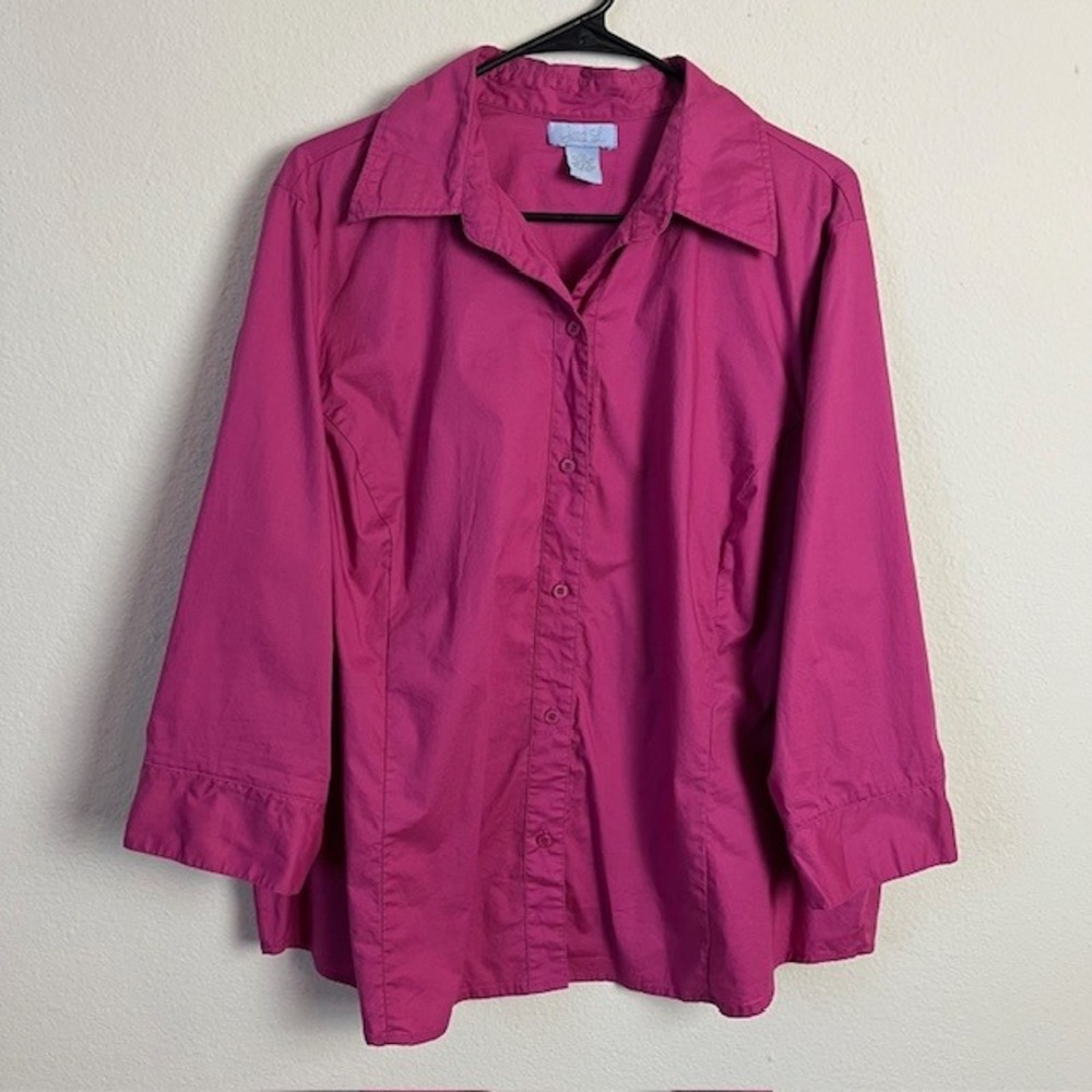Jessi L Women's 2X Fuchsia Cotton Blend 3/4 Sleeve Button Up Tunic‎ Barbiecore